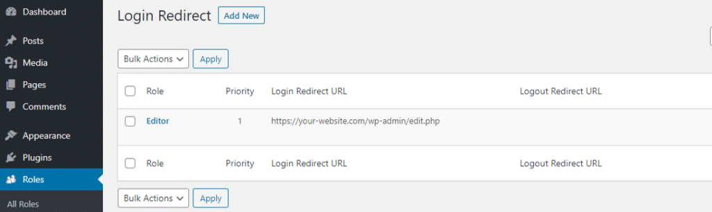 La pantalla de configuración de 'Login Redirect' en WPFront User Role Editor