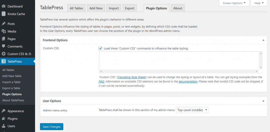 Opciones del TablePress plugin