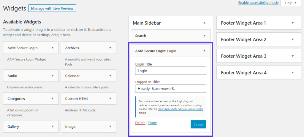 El widget 'AAM Secure Login' para añadir un formulario de acceso frontal