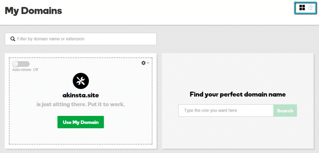Vista de tarjeta de GoDaddy