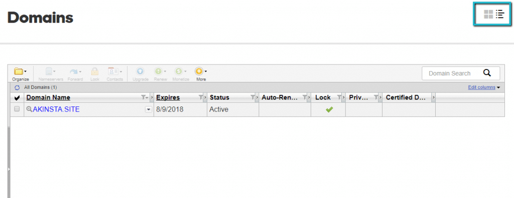 Vista de lista avanzada de GoDaddy