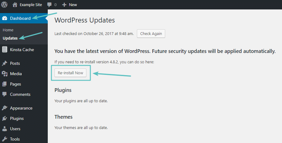 Zona de actualizaciones de panel de control de WordPress