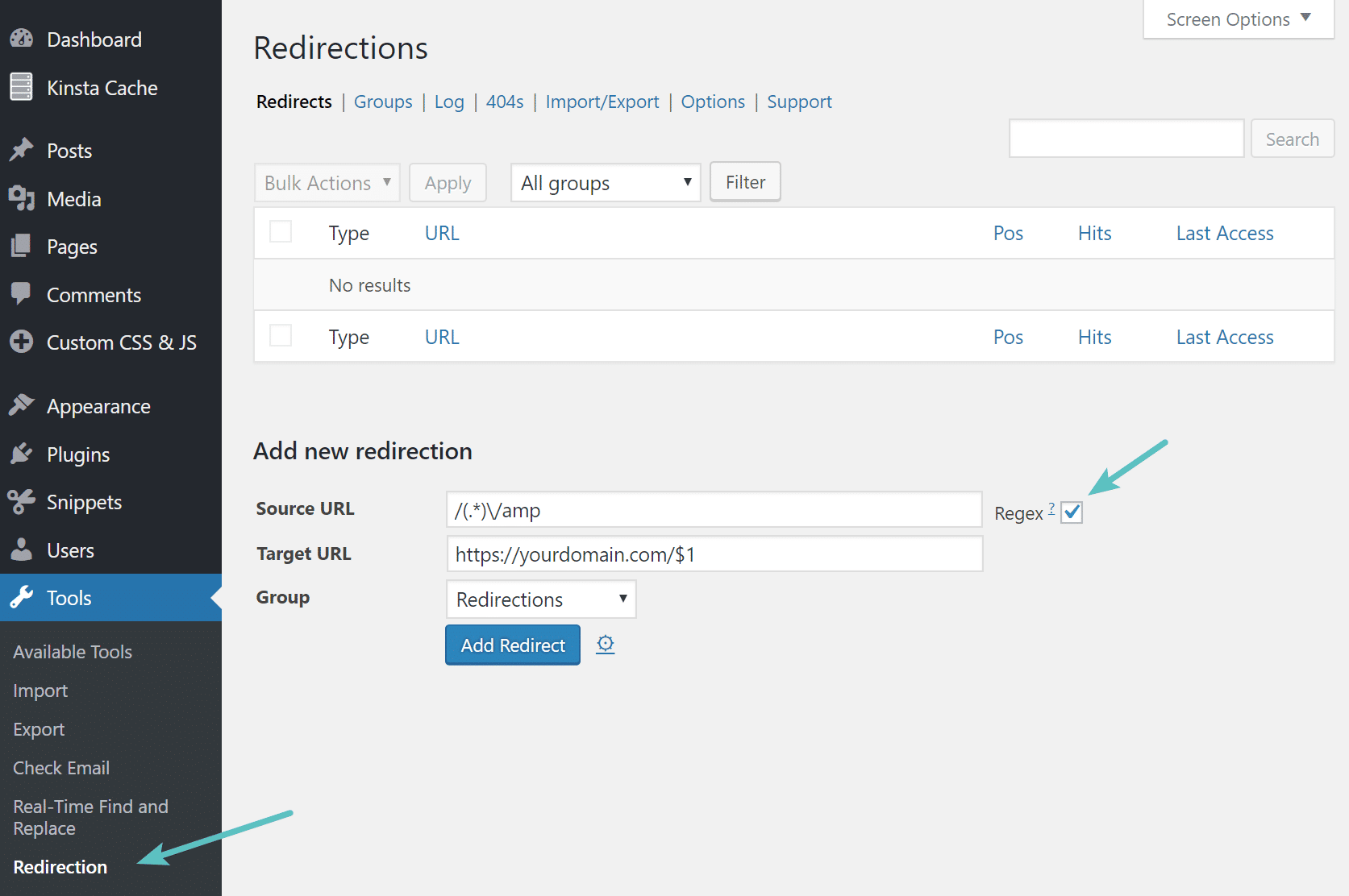 Expresión regular en Redirection WordPress plugin