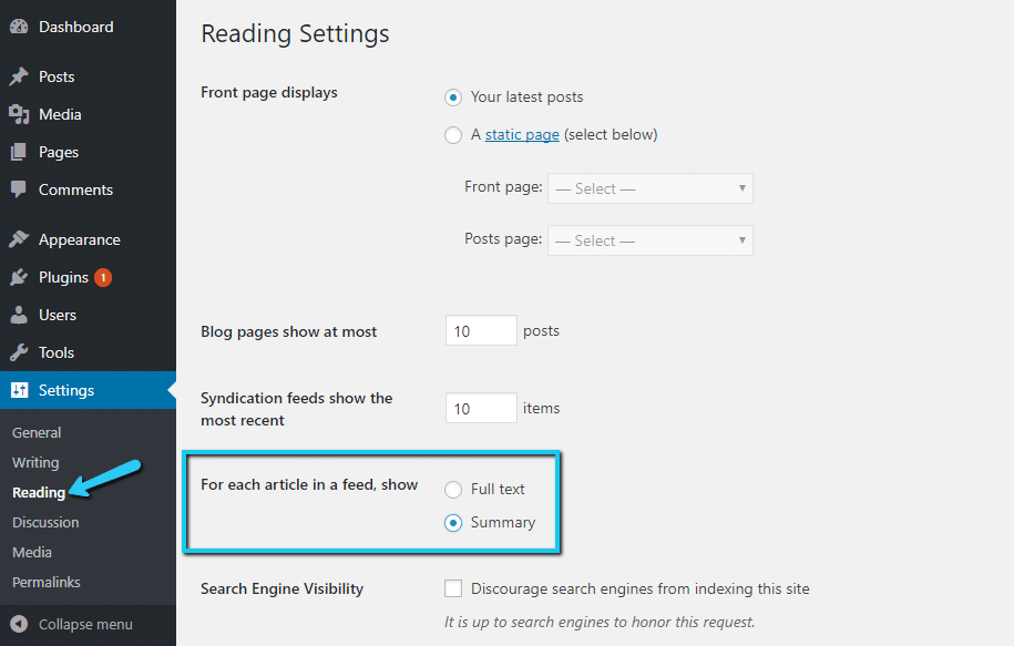 Cómo habilitar extractos de RSS feeds