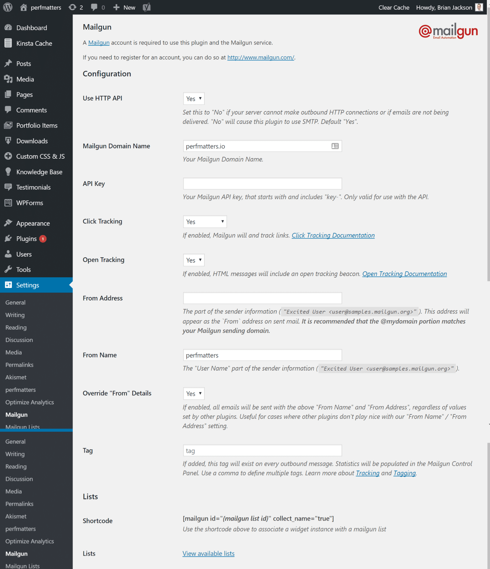 La configuración del Mailgun plugin