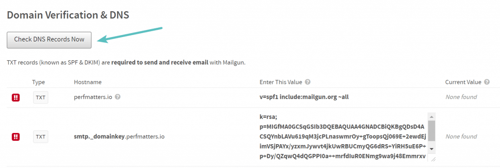 Verificar DNS Récords Ahora en Mailgun