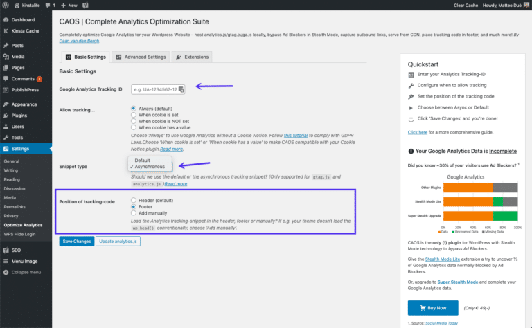 Configuración para sincronizar Google Analytics localmente