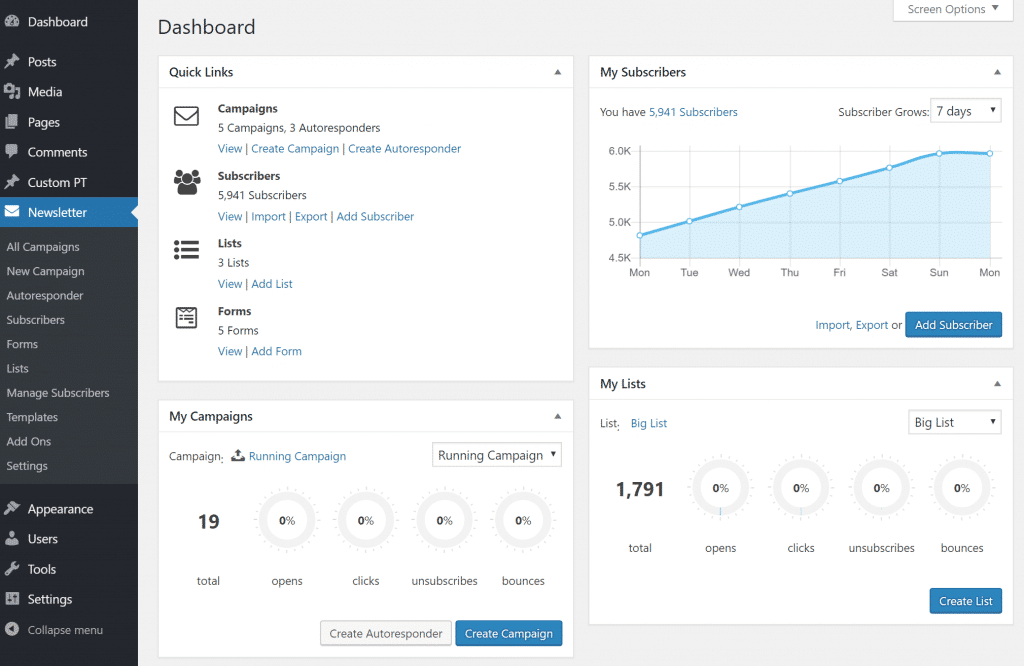 Panel de Control Boletín Mailster en WordPress