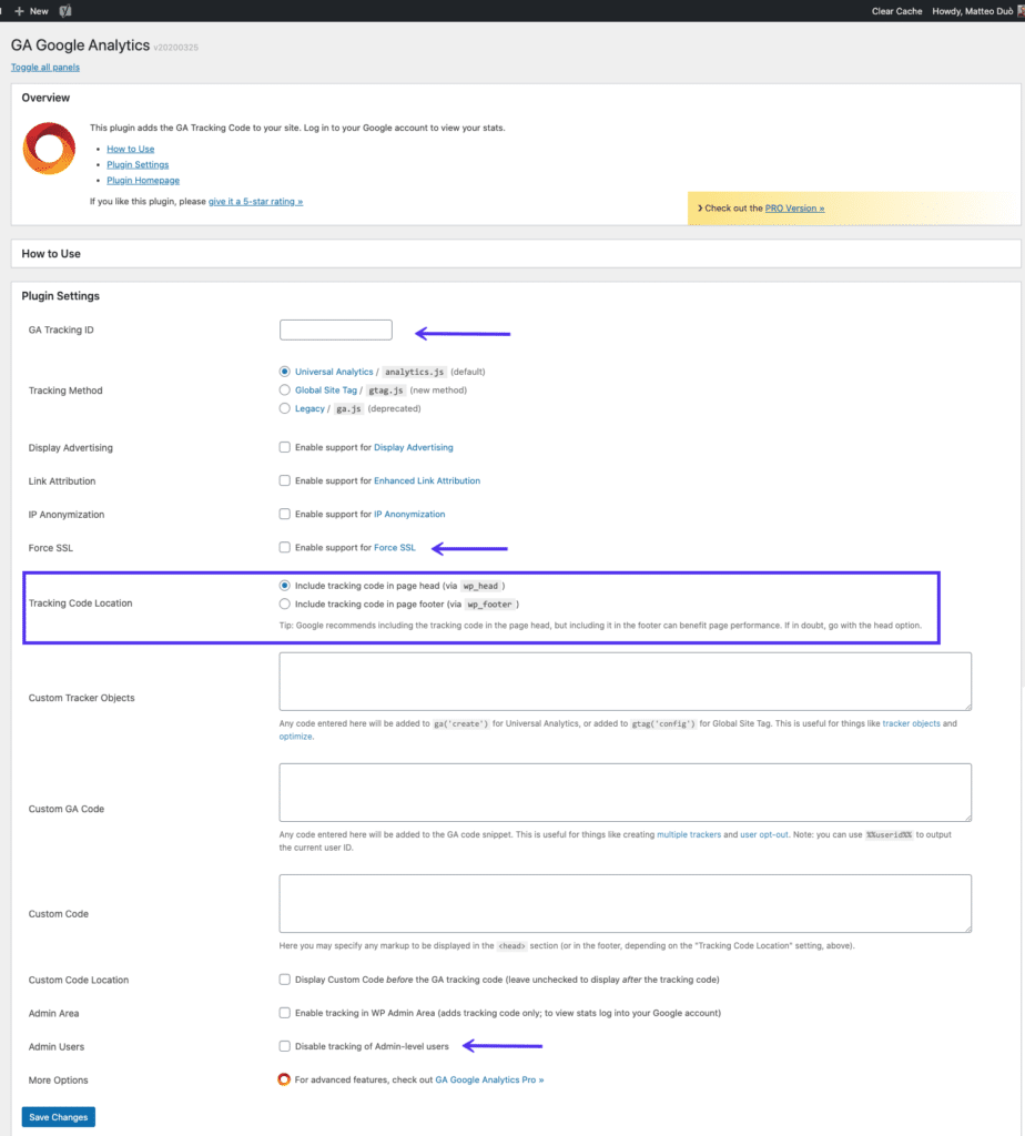 GA Google Analytics Página de configuración del plugin de WordPress