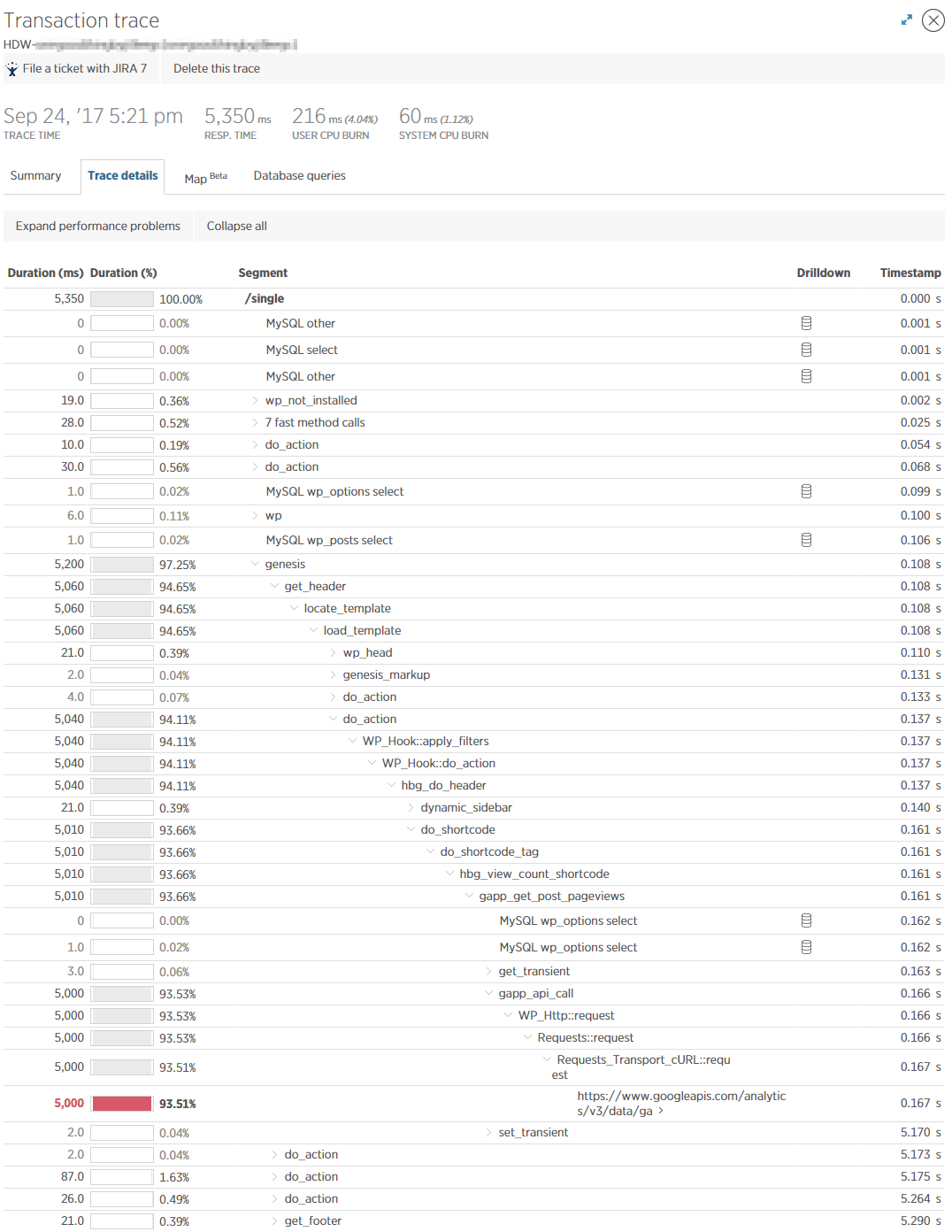 Detalles del rastreo de transacción lenta