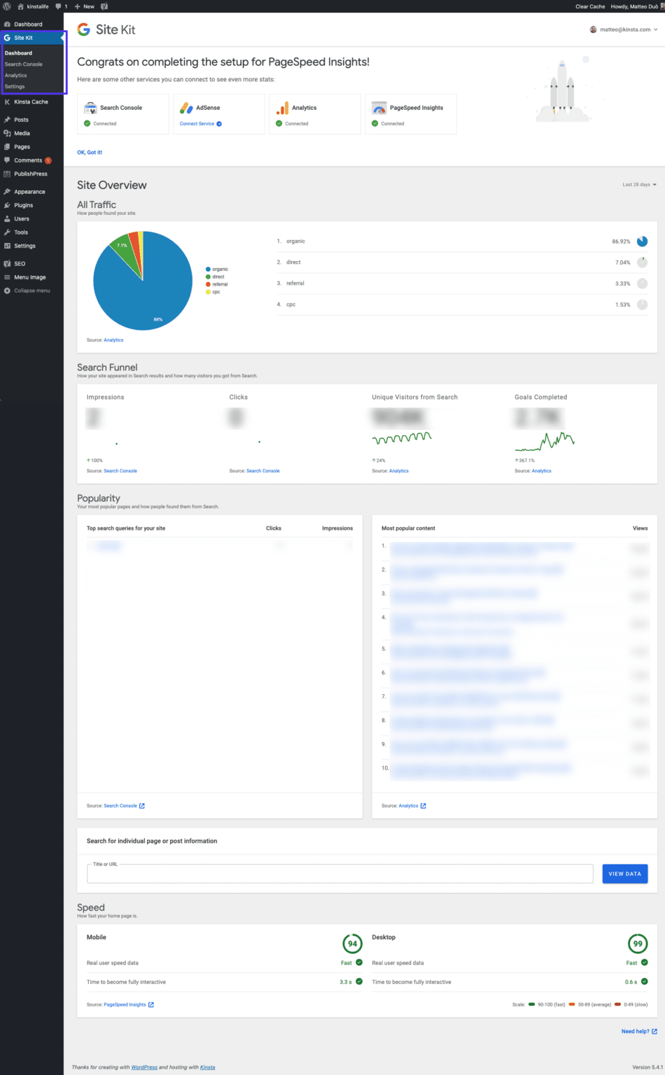 Panel de control de Google Site Kit