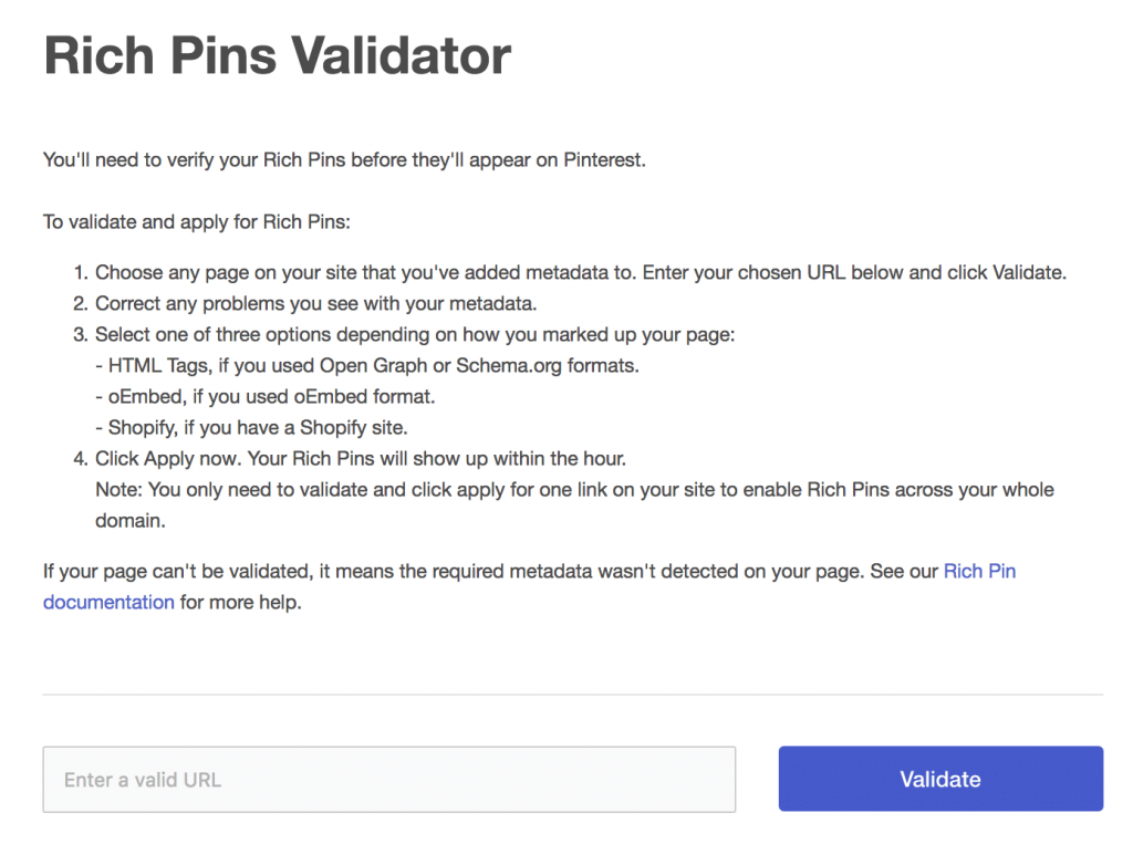 Validador de pins ricos de Pinterest