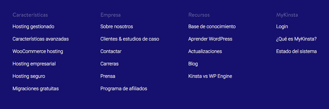 Mapa del sitio de Kinsta en el pie de página