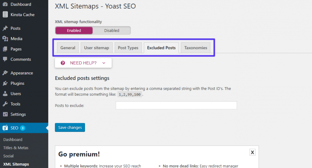 Configuración Yoast SEO de mapa del sitio XMLs