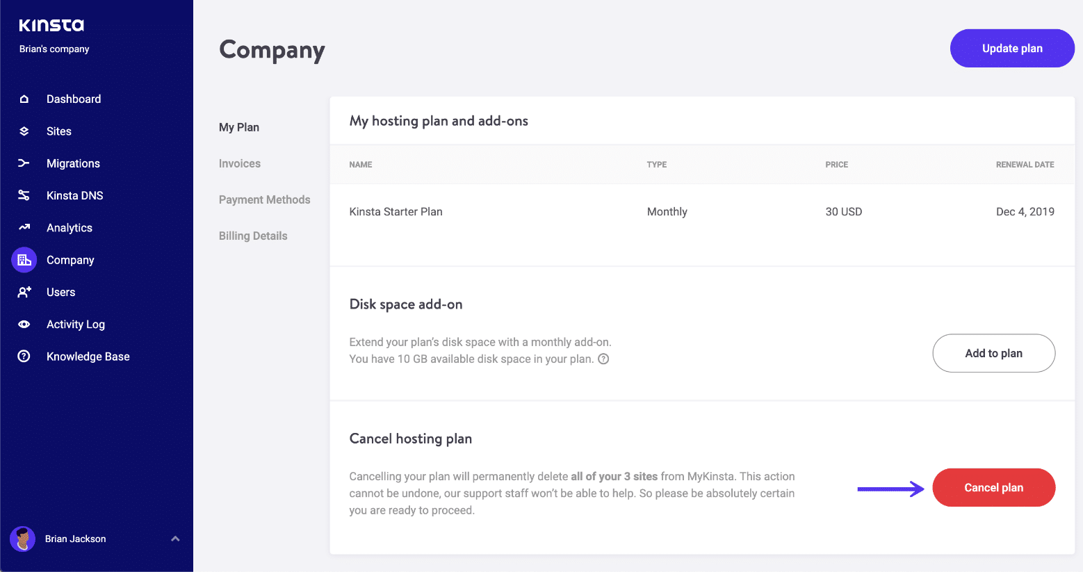 Cancelando plan en Kinsta