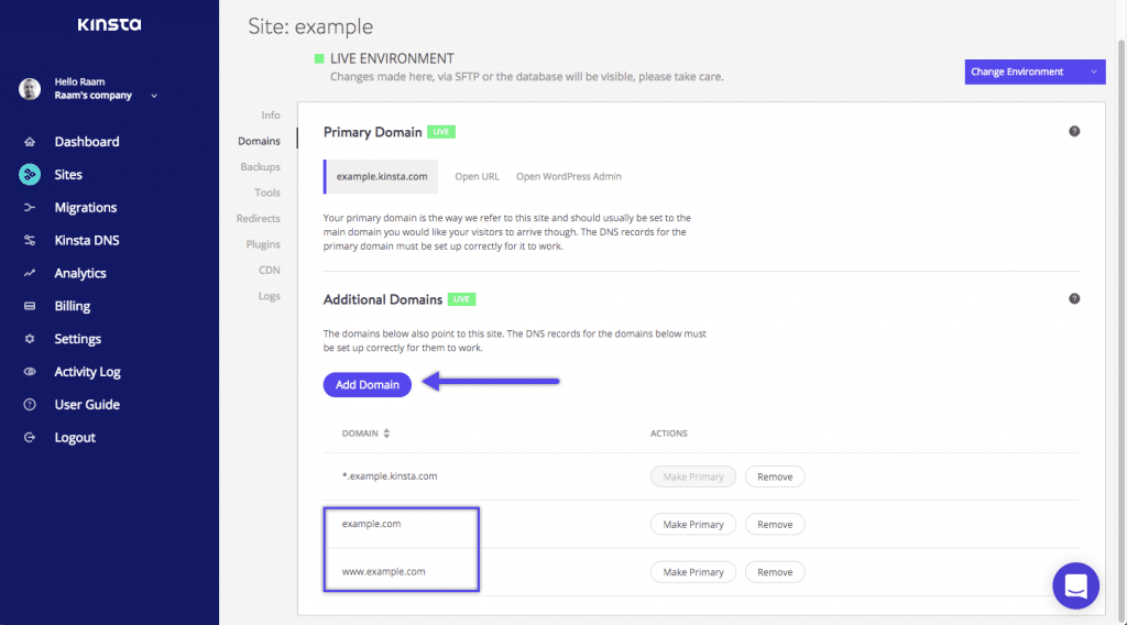 Dominios de Kinsta