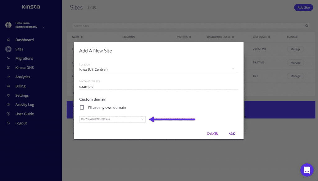 Crear el sitio en Kinsta