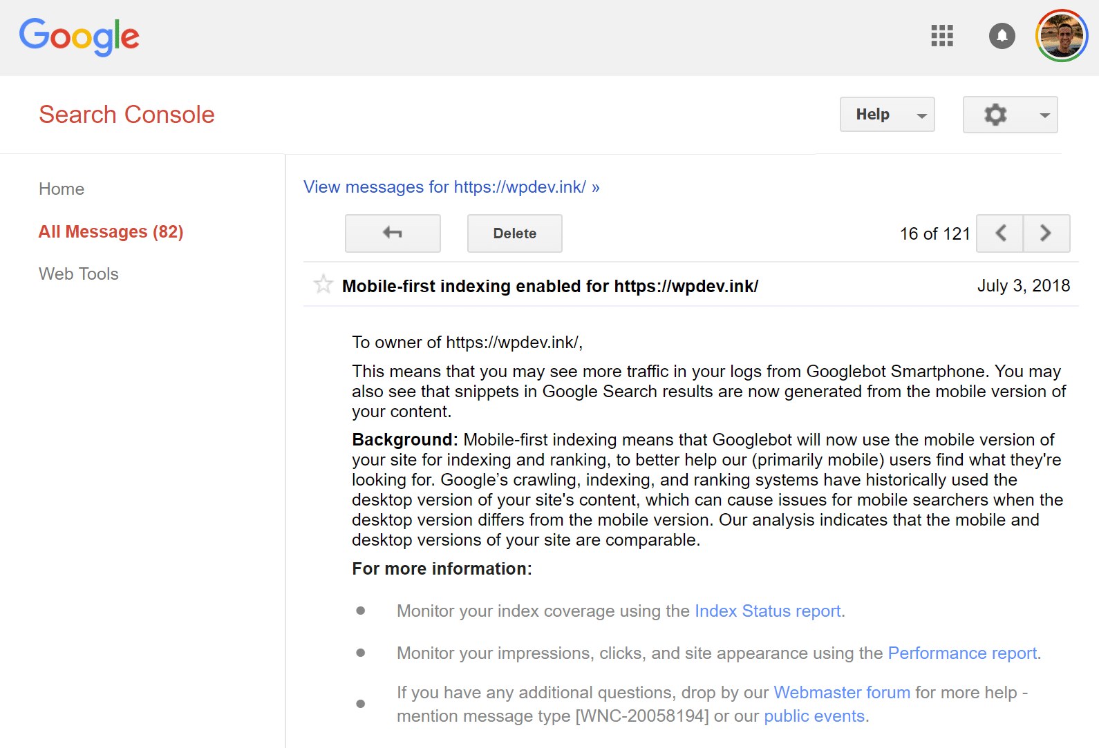 Email de Google sobre la indexación prioritaria para móviles habilitada