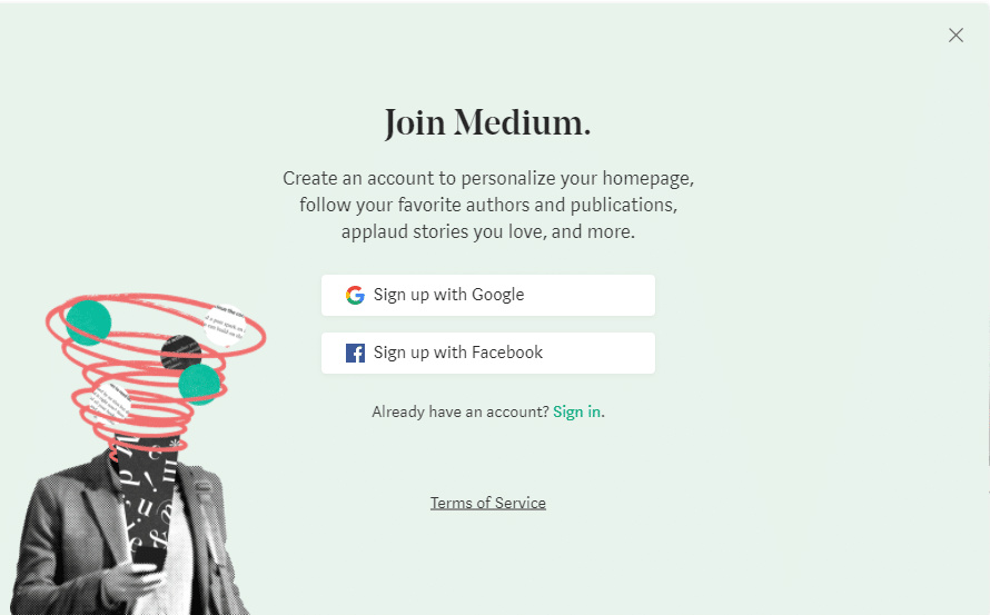 La página de registro de Medium