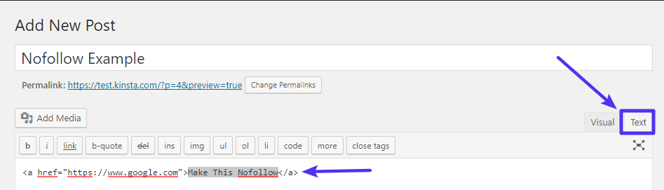 Abra la pestaña de texto para ver el HTML del link