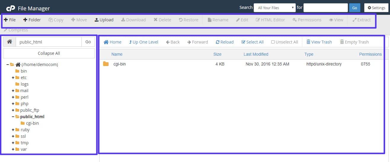 La interfaz del administrador de archivos (File Manager) de cPanel