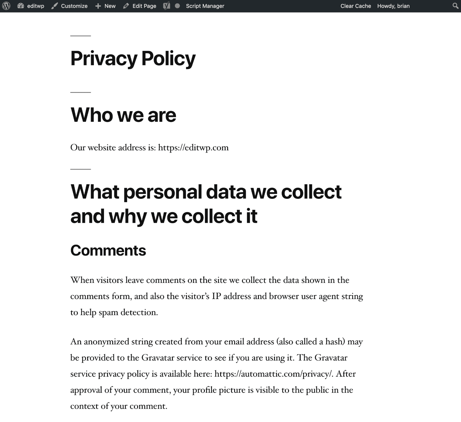 Ejemplo de página de política de privacidad en WordPress