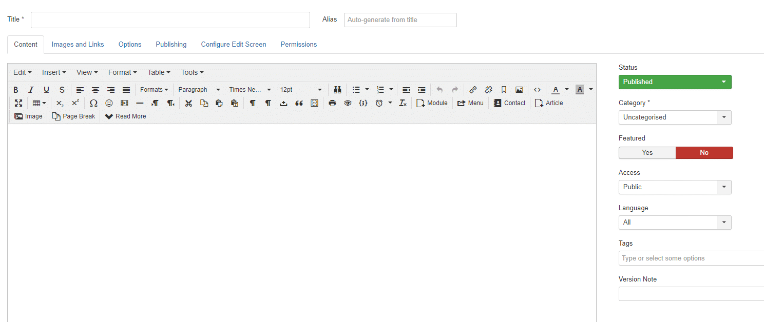 El editor de texto de Joomla