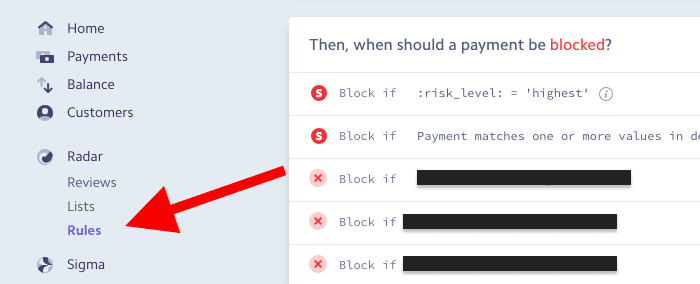 Menú de reglas de Stripe Radar