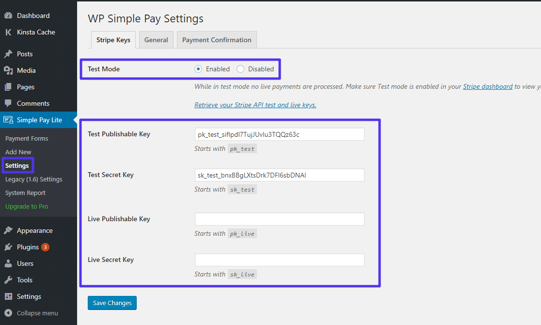 Introduzca las claves de la API y asegúrese de que el modo de prueba está activado