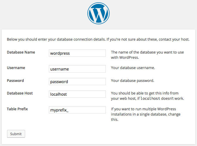 Cuando ejecute la configuración, se requerirá que usted ingrese los datos que se encuentran almacenados en el archivo wp-config-php