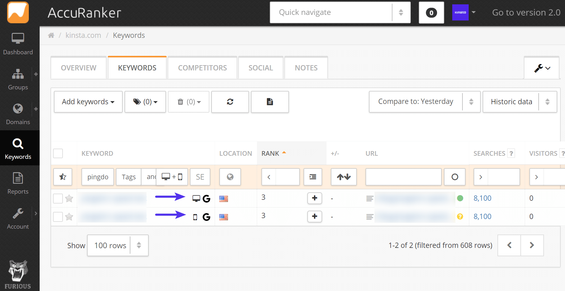 Accuranker compara clasificación móvil vs escritorio