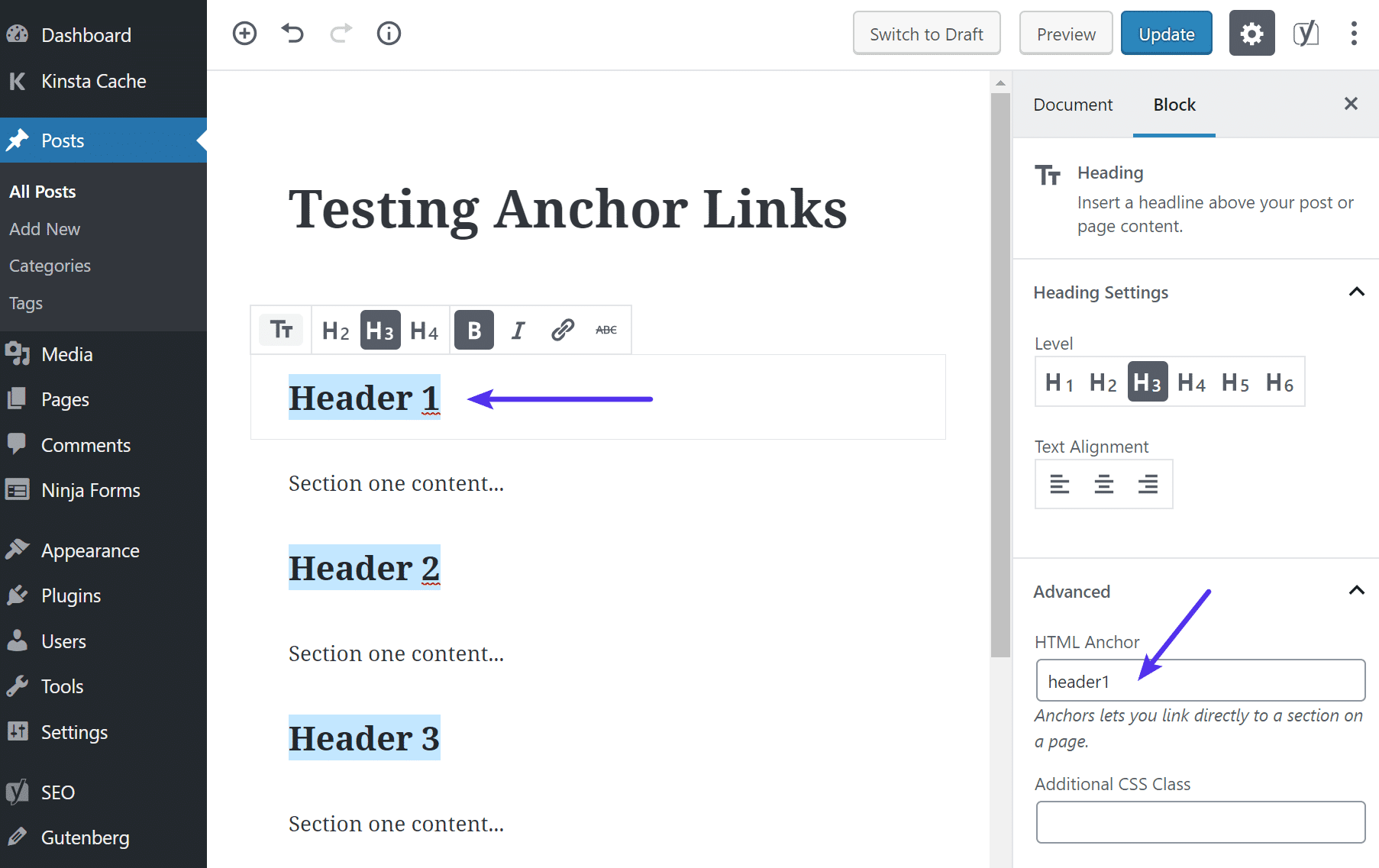 Agregando un ancla HTML en el editor de Gutenberg