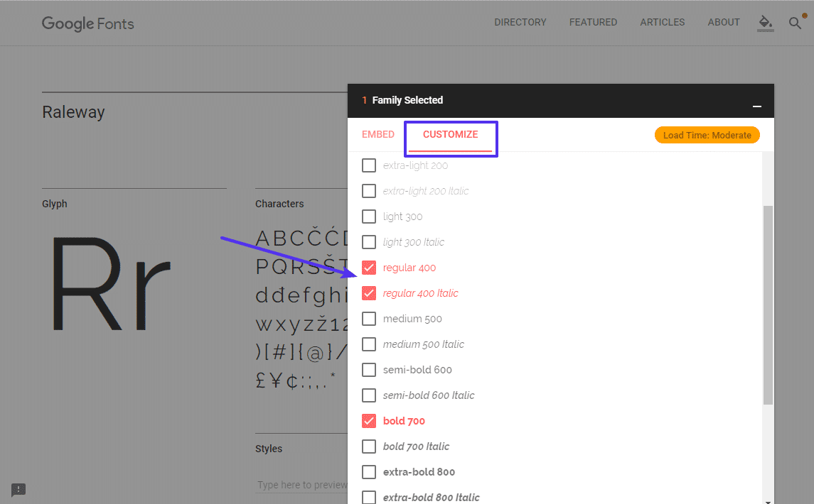 Cómo elegir los estilos de Google Fonts