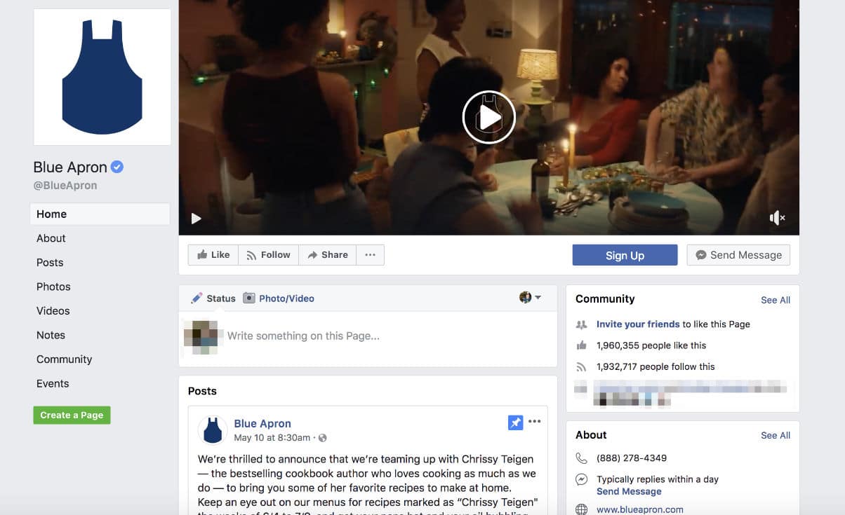 La página de Blue Apron en Facebook (ejemplo de video)
