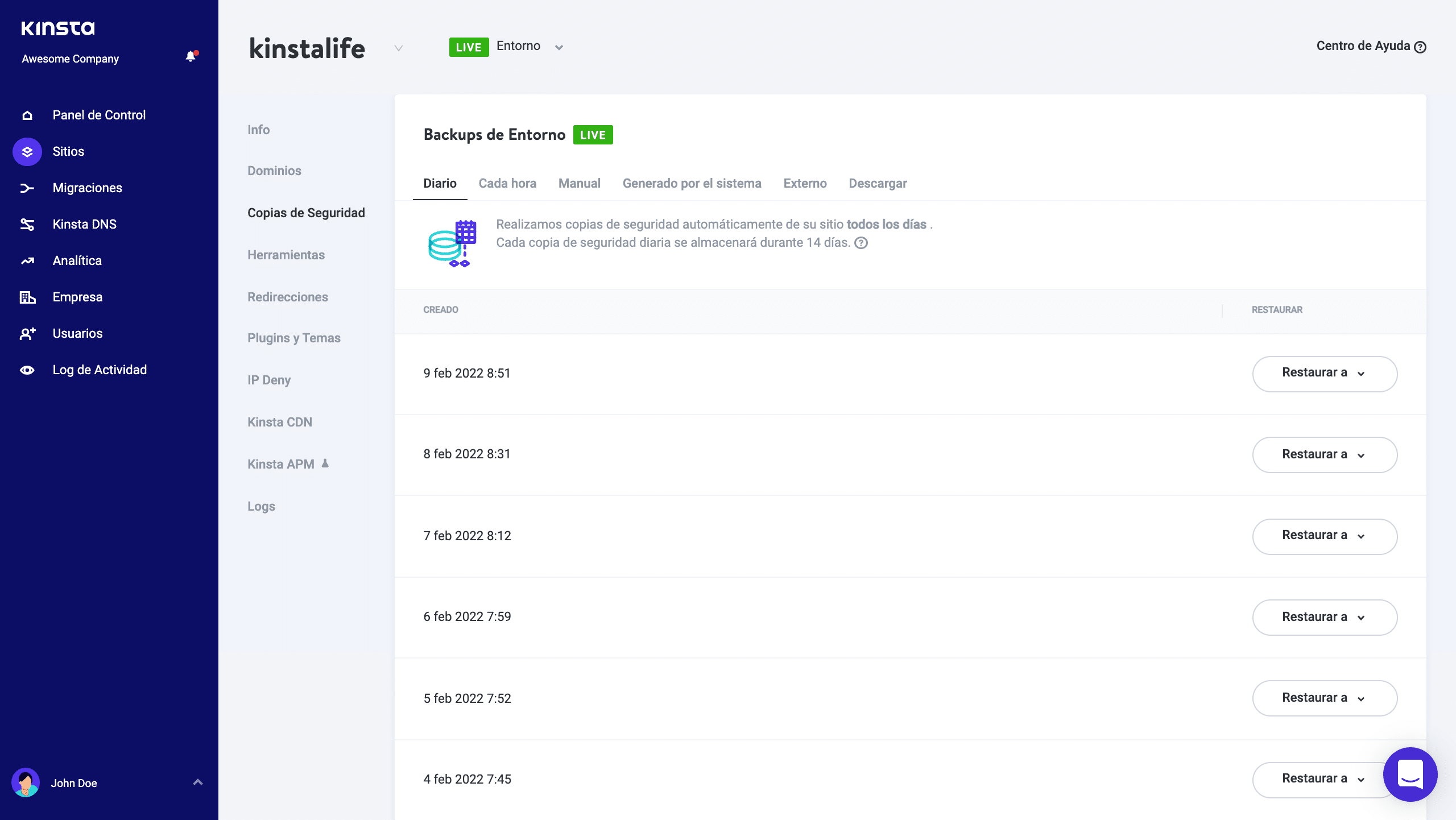 Copias de seguridad de WordPress en MyKinsta.