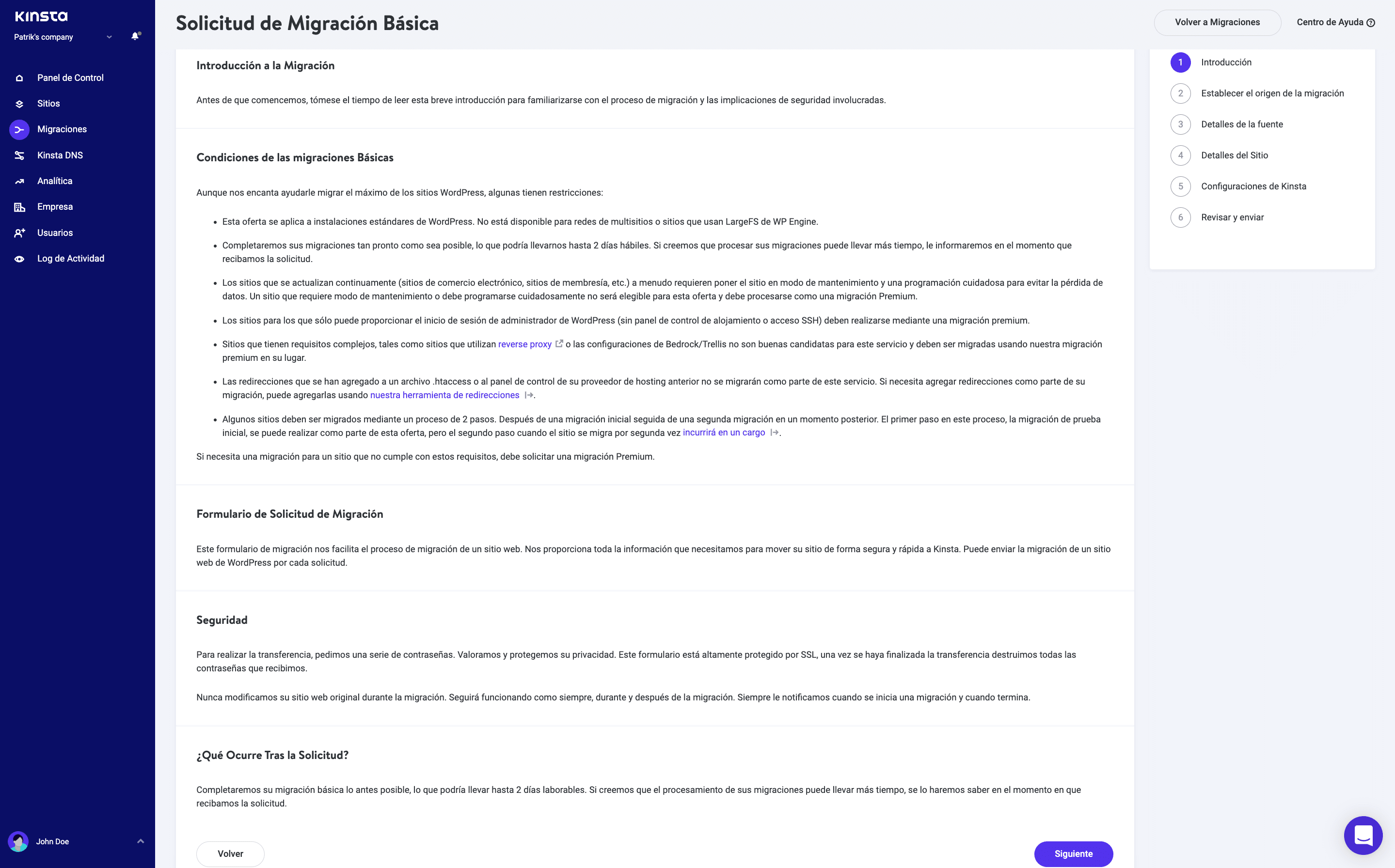 Introducción a la migración básica en MyKinsta.