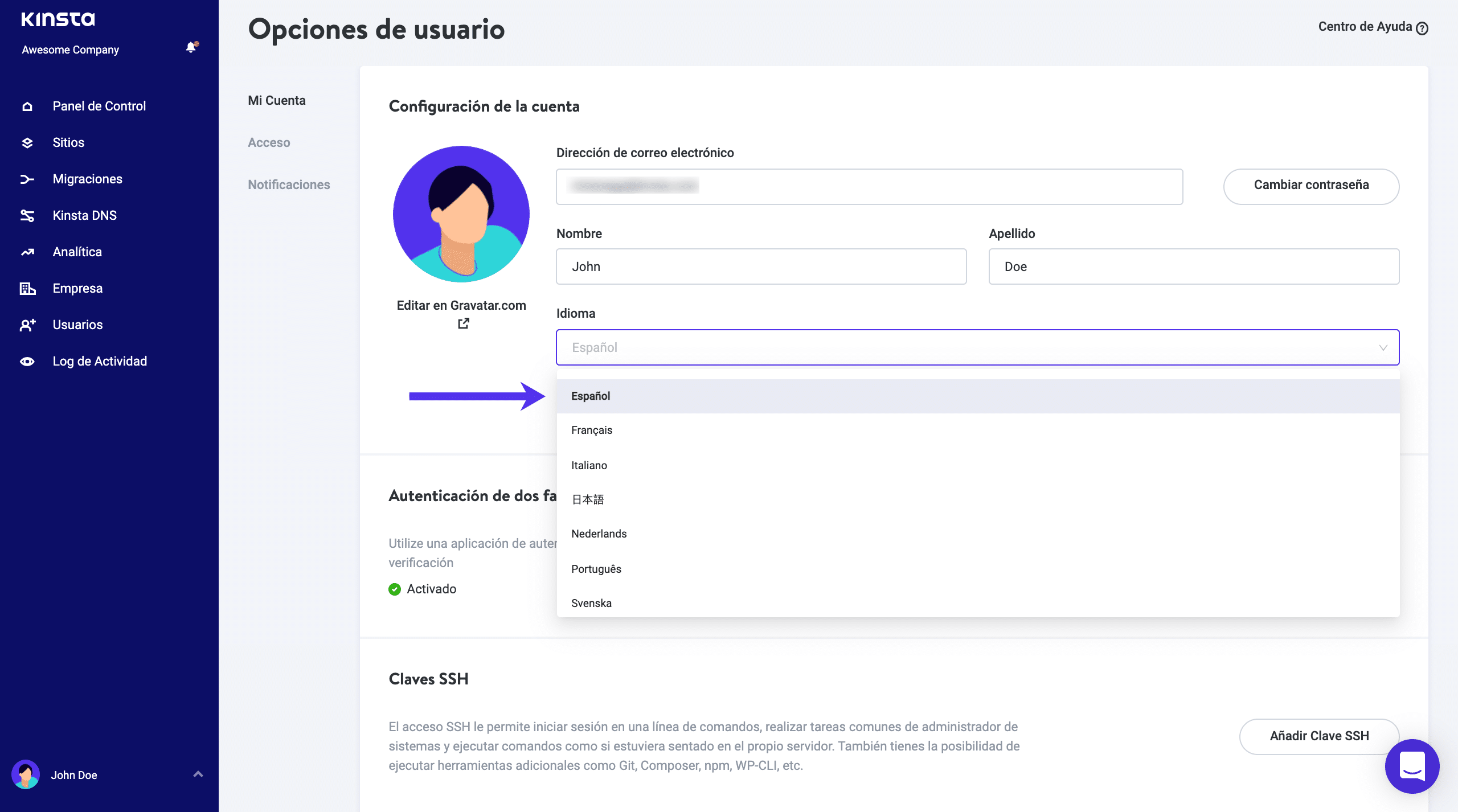 El lenguaje del panel de control de MyKinsta.