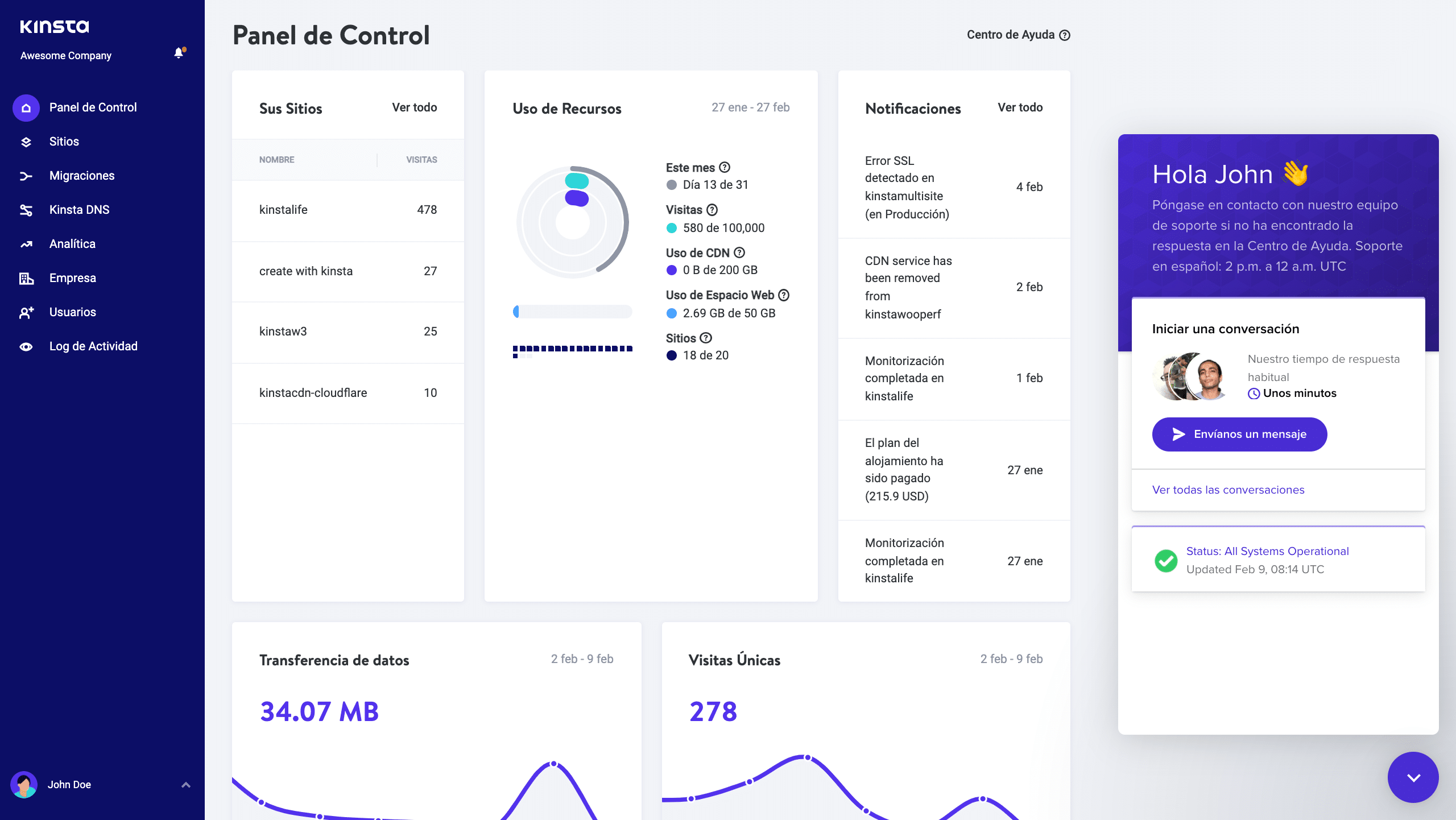 El equipo de soporte de Kinsta está disponible 24 horas al día, 7 días a la semana.