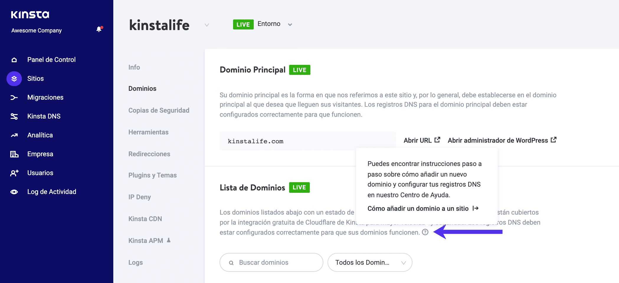 Tooltips de MyKinsta.