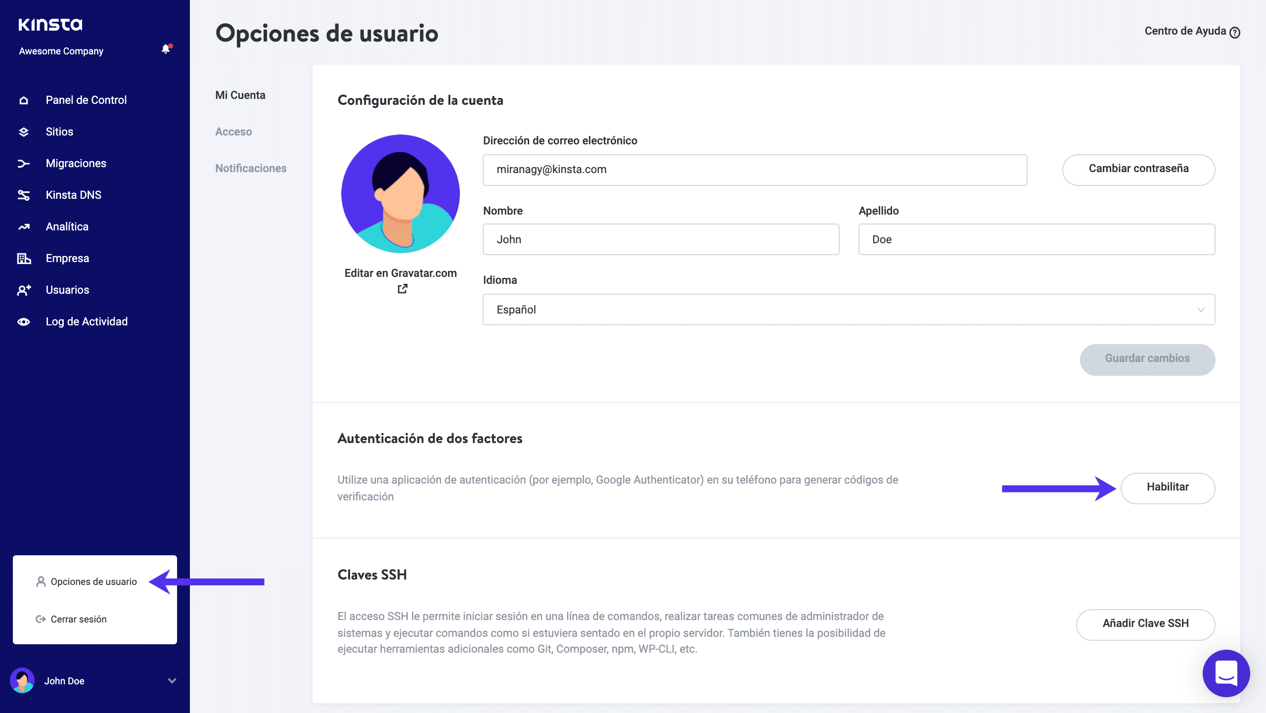 Activar 2FA en MyKinsta.