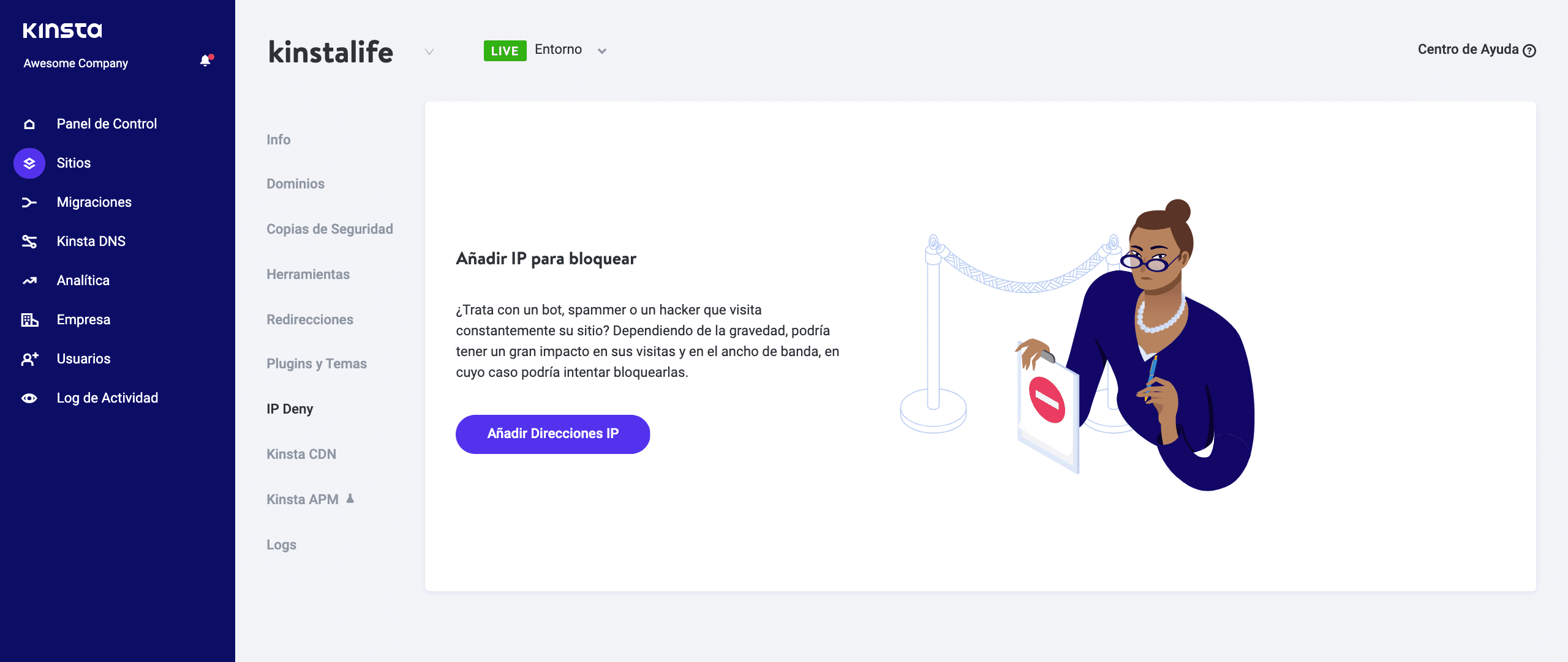 La herramienta de negación de IP en MyKinsta.