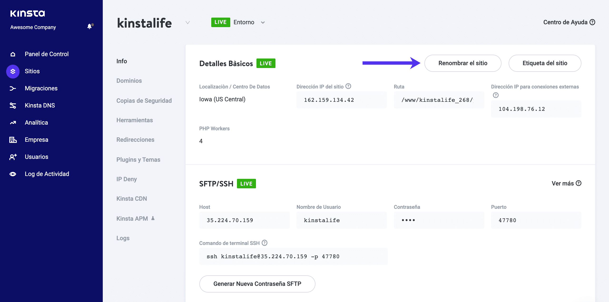 Renombramiento y etiquetado de sitios en MyKinsta.