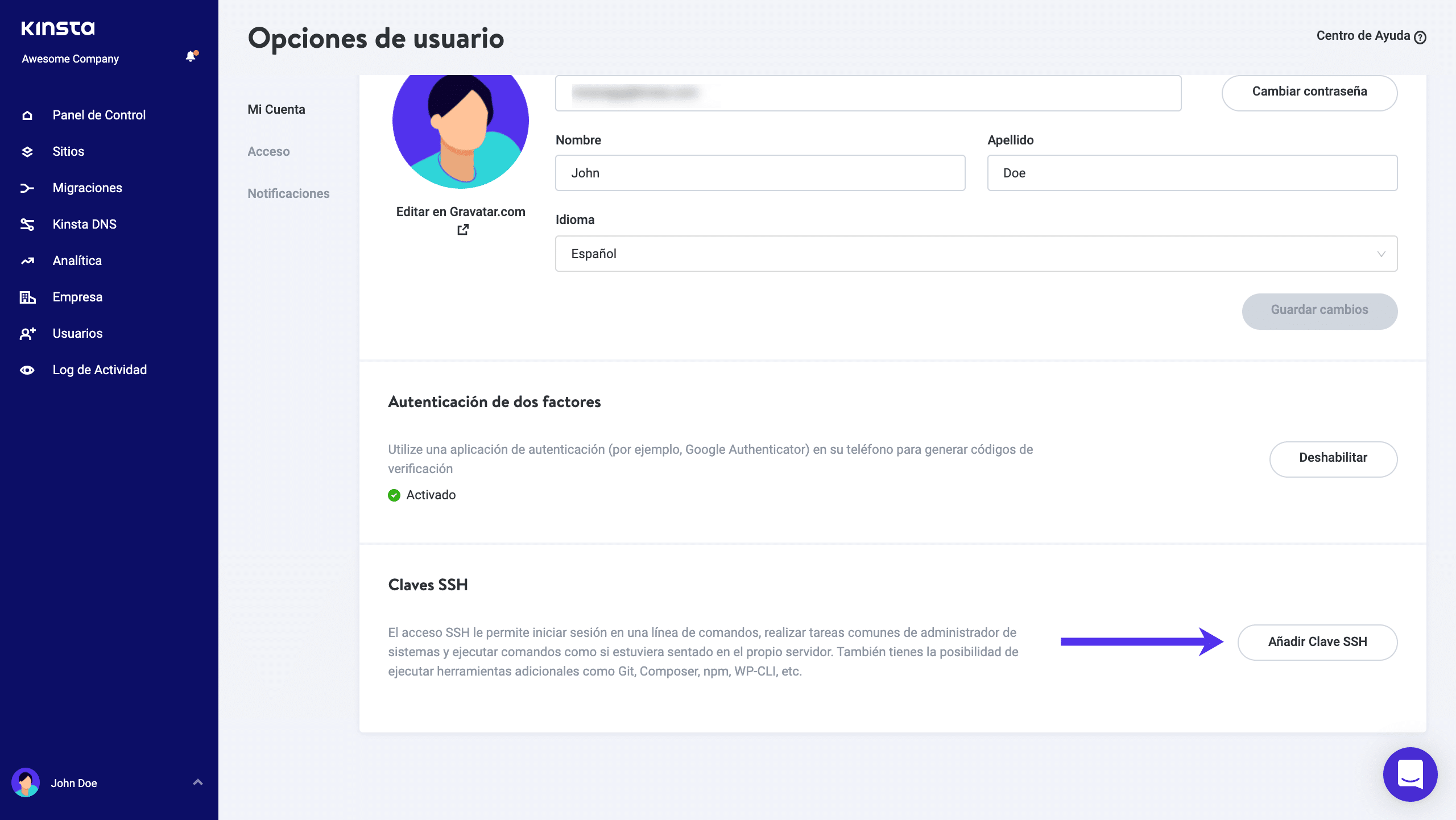 Añade las llaves SSH en MyKinsta.