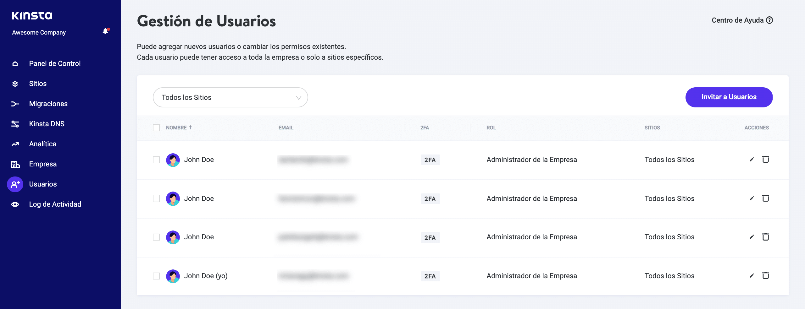 Gestión de usuarios de MyKinsta.