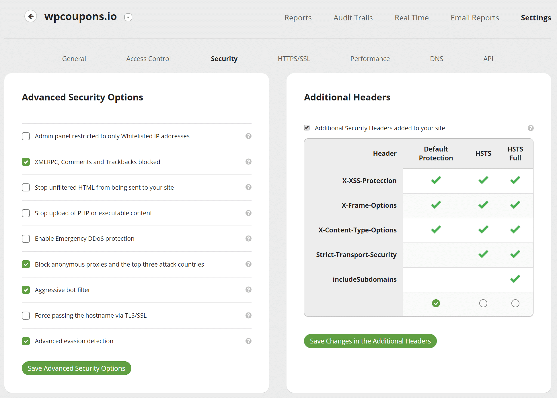 Opciones avanzadas de seguridad de Sucuri