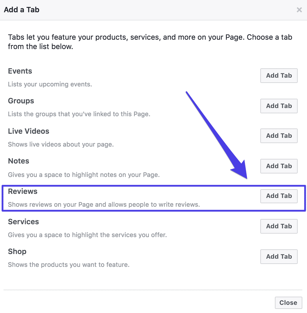 Pestaña de Reseñas de Facebook