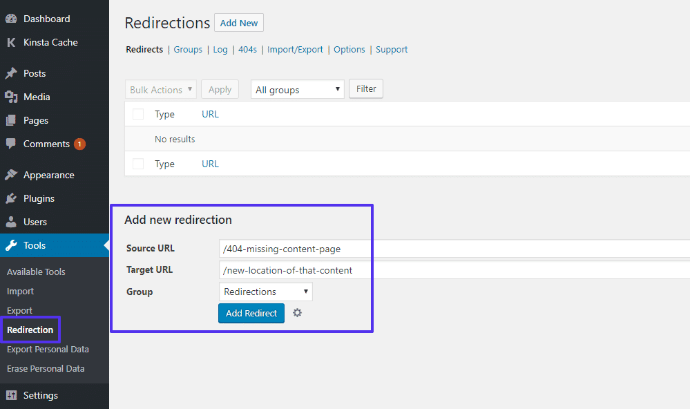 Cómo configurar redirecciones con el plugin de Redirection