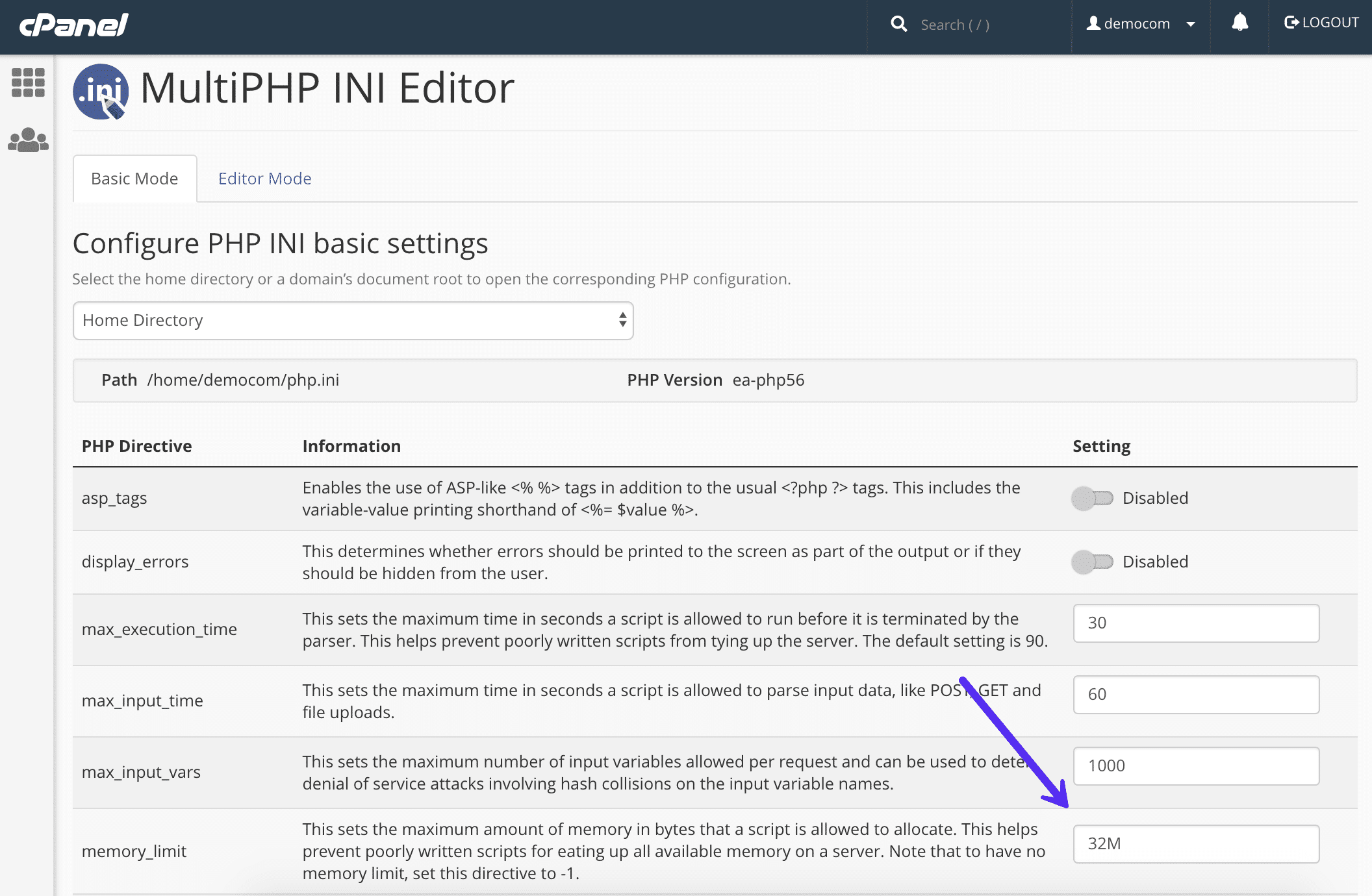 Incremente el limite de memoria de PHP en cPanel