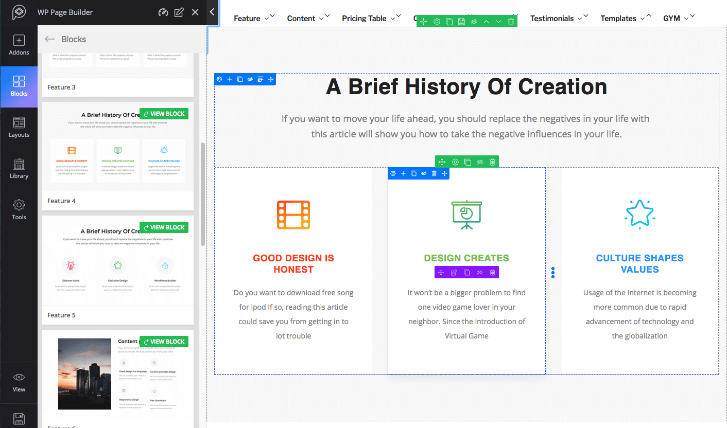 Bloques de características del WP Page Builder