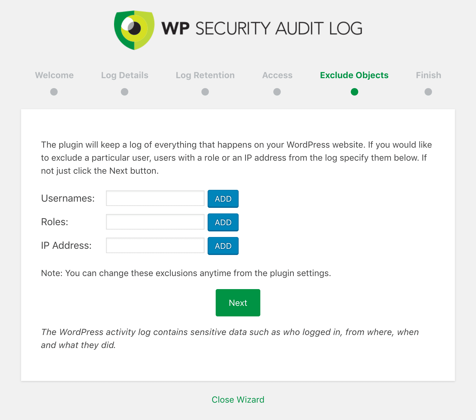 WP Security Audit Log excluir objetos